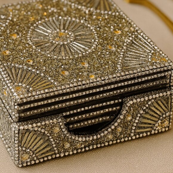 NWOT Set of 8 Silver Bedazzled Coasters in Matching Tray - Picture 5 of 15